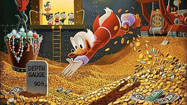 Scrooge McDuck - Hoarding Wealth - Money Hoarder, swimming in his personal vault.